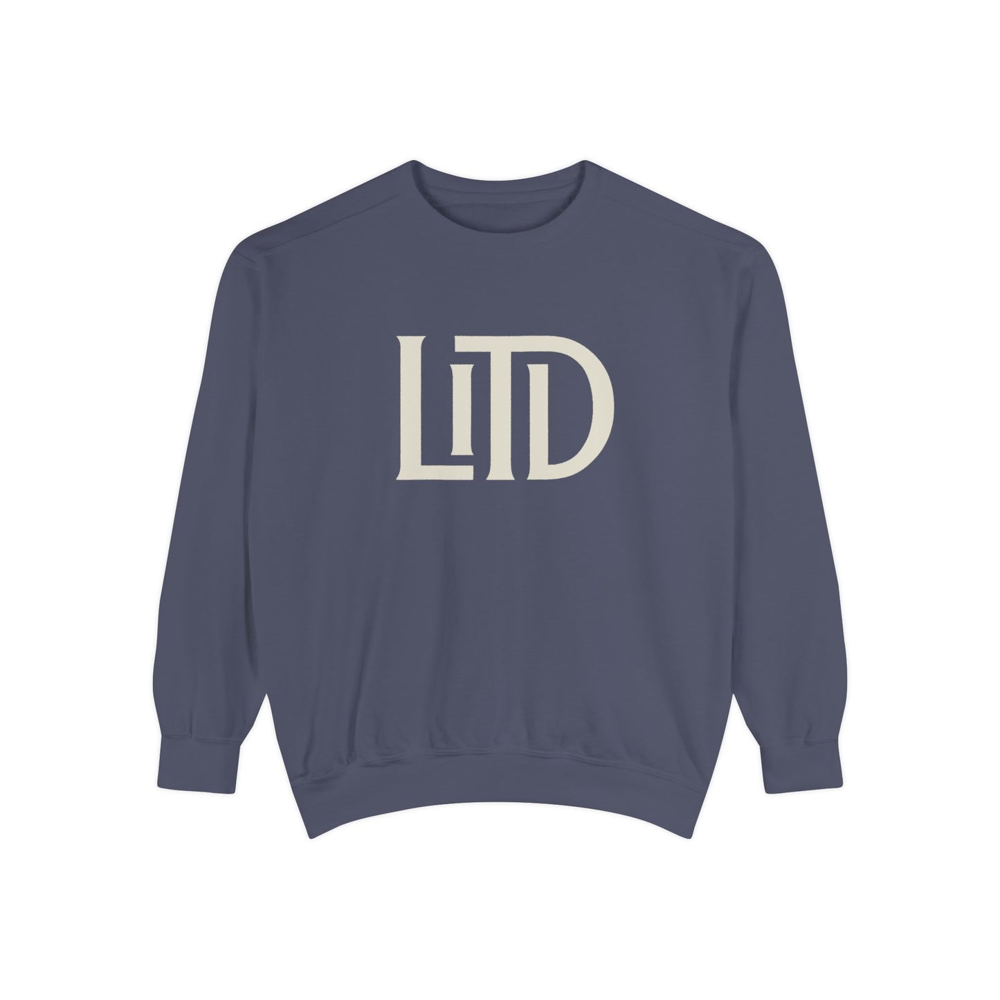 Navy blue sweatshirt with 'LiTD' logo on a white background