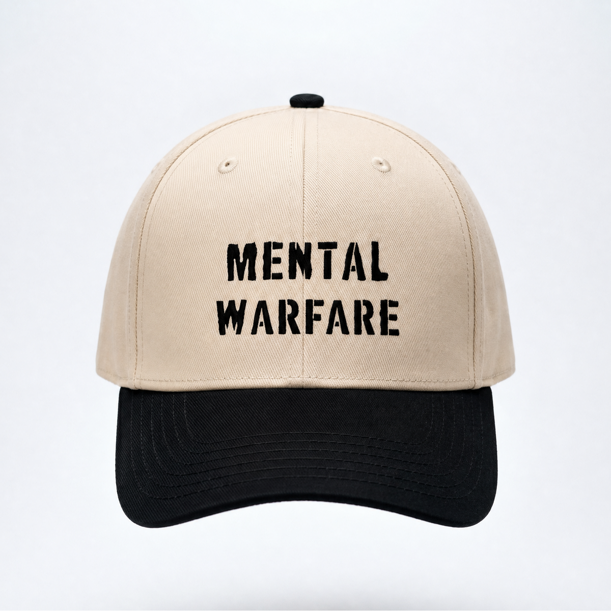 Beige and black cap with 'Mental Warfare' text on a white background
