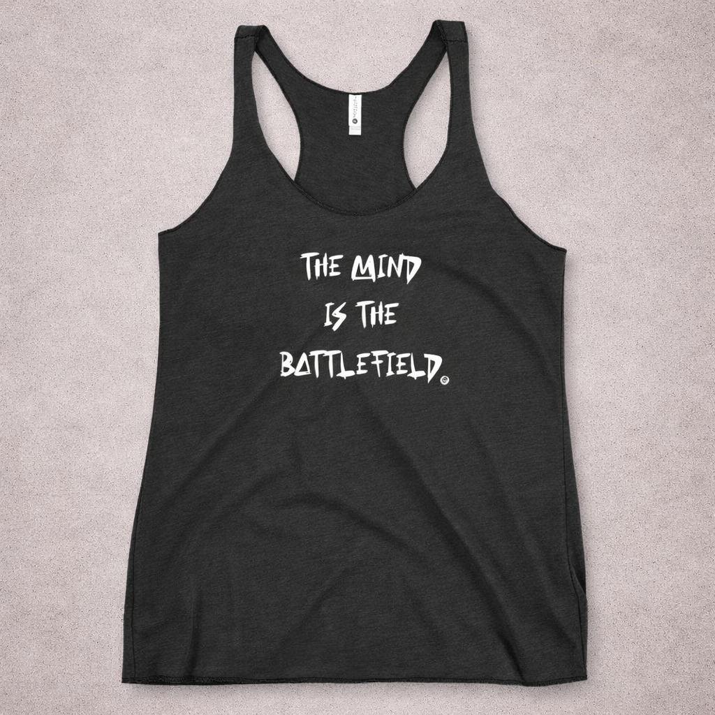 Black tank top with 'The Mind is the Battlefield' text on a gray background