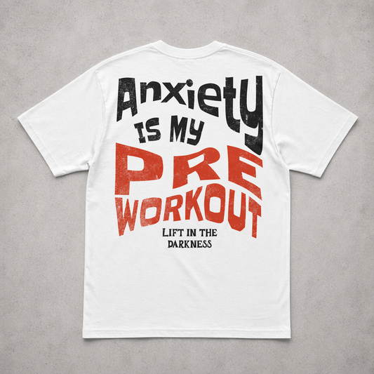 White t-shirt with black and red text on a gray background