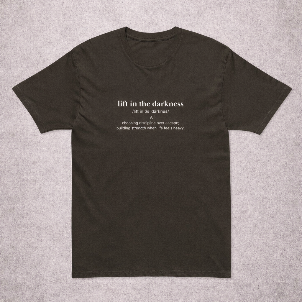 Black t-shirt with text on a gray background