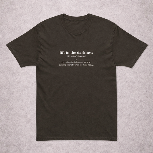 Black t-shirt with text on a gray background