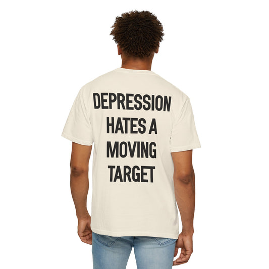 Person wearing a t-shirt with 'Depression Hates a Moving Target' text on the back.