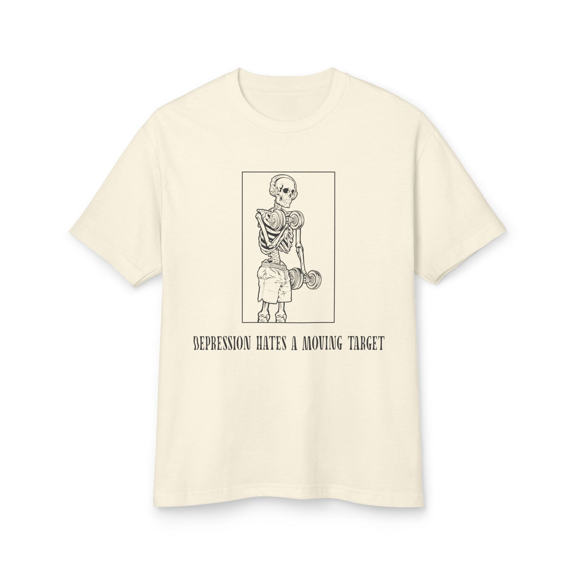 Beige t-shirt with a graphic design and text on a white background