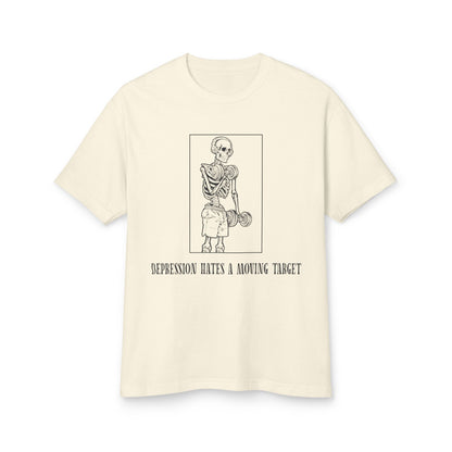 Beige t-shirt with a graphic design and text on a white background