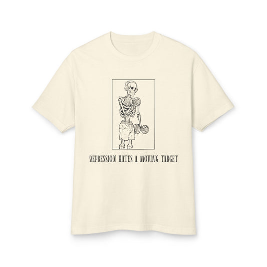 Beige t-shirt with a graphic design and text on a white background