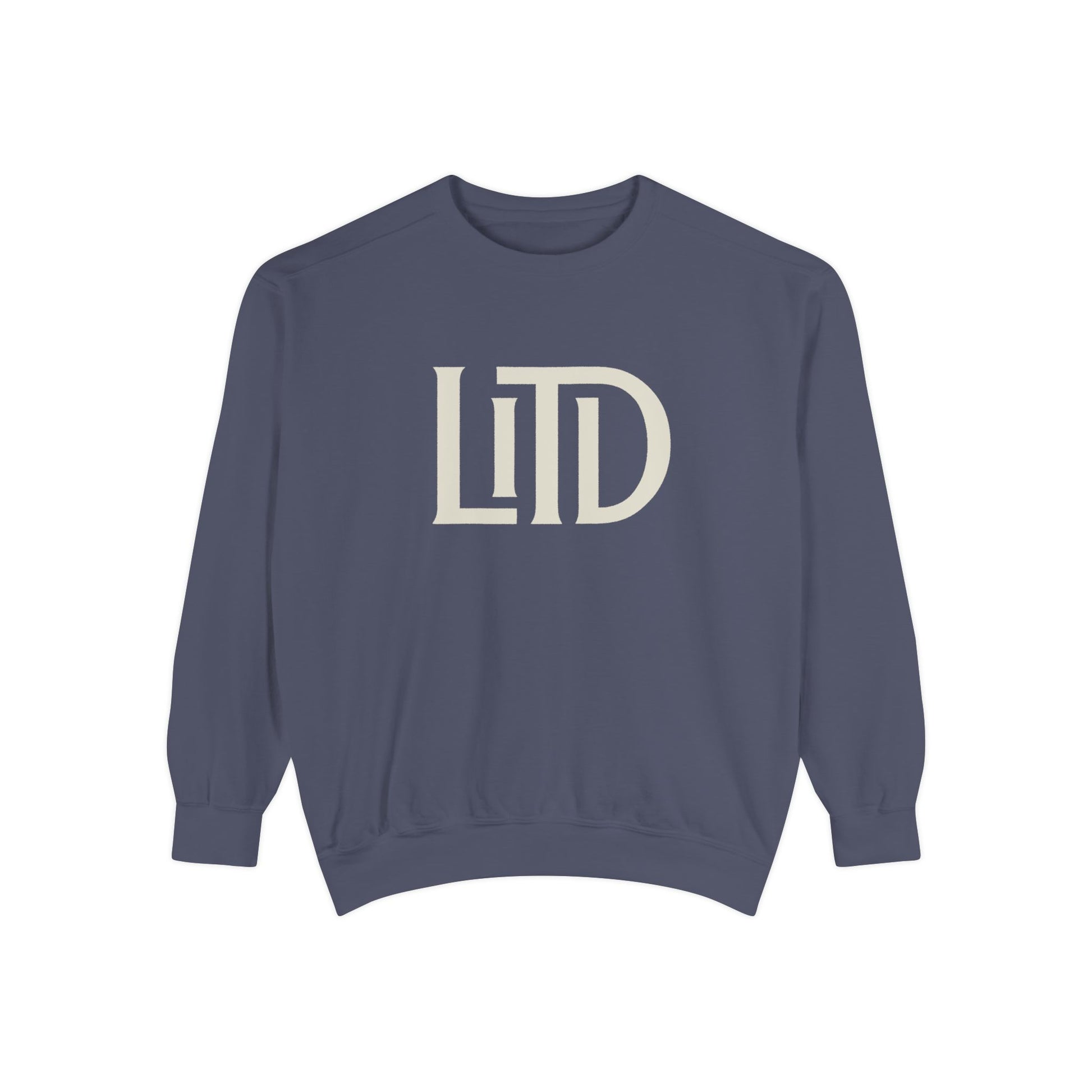 Navy blue sweatshirt with 'LiTD' logo on a white background