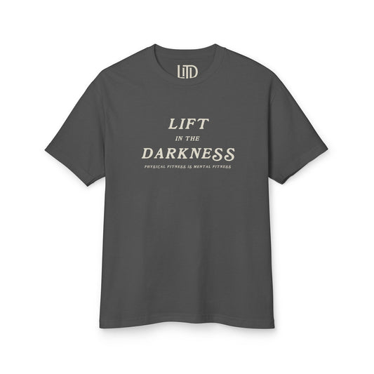 Gray t-shirt with 'Lift in the Darkness' text on a white background