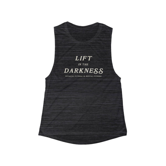 Black tank top with 'Lift in the Darkness' text on a white background