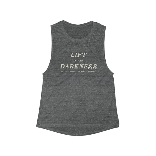 Gray tank top with 'Lift in the Darkness' text on a white background