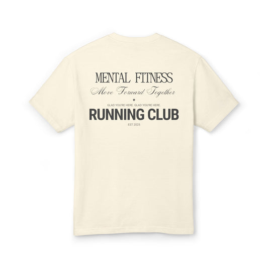 Beige t-shirt with black text on a white background