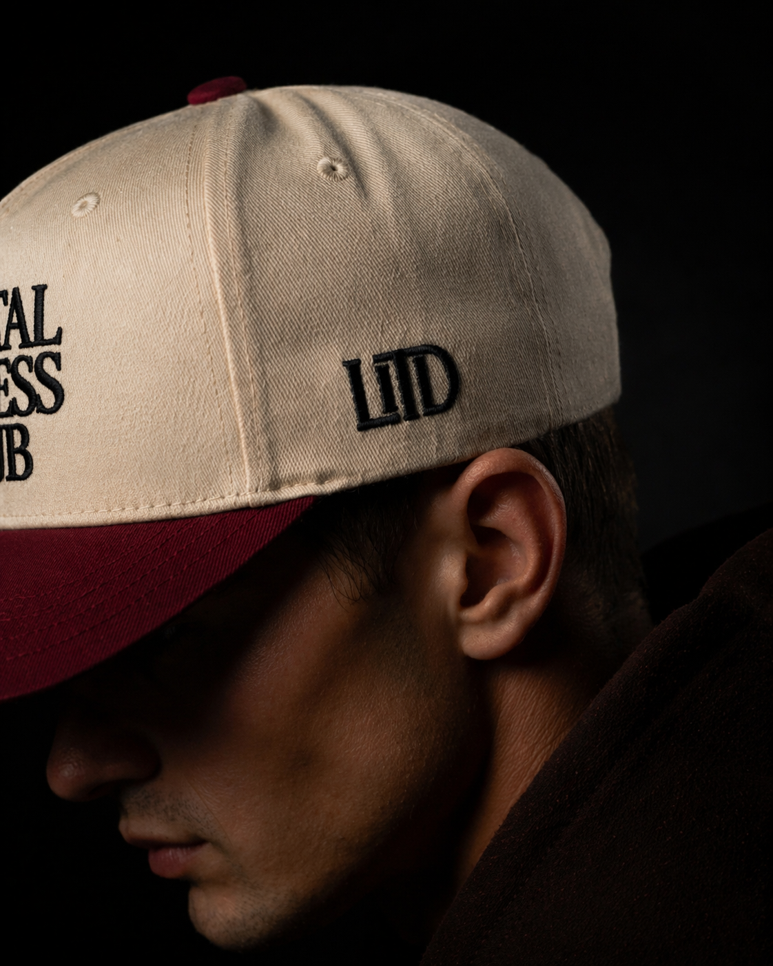Person wearing a cap with 'LITD' branding on a dark background