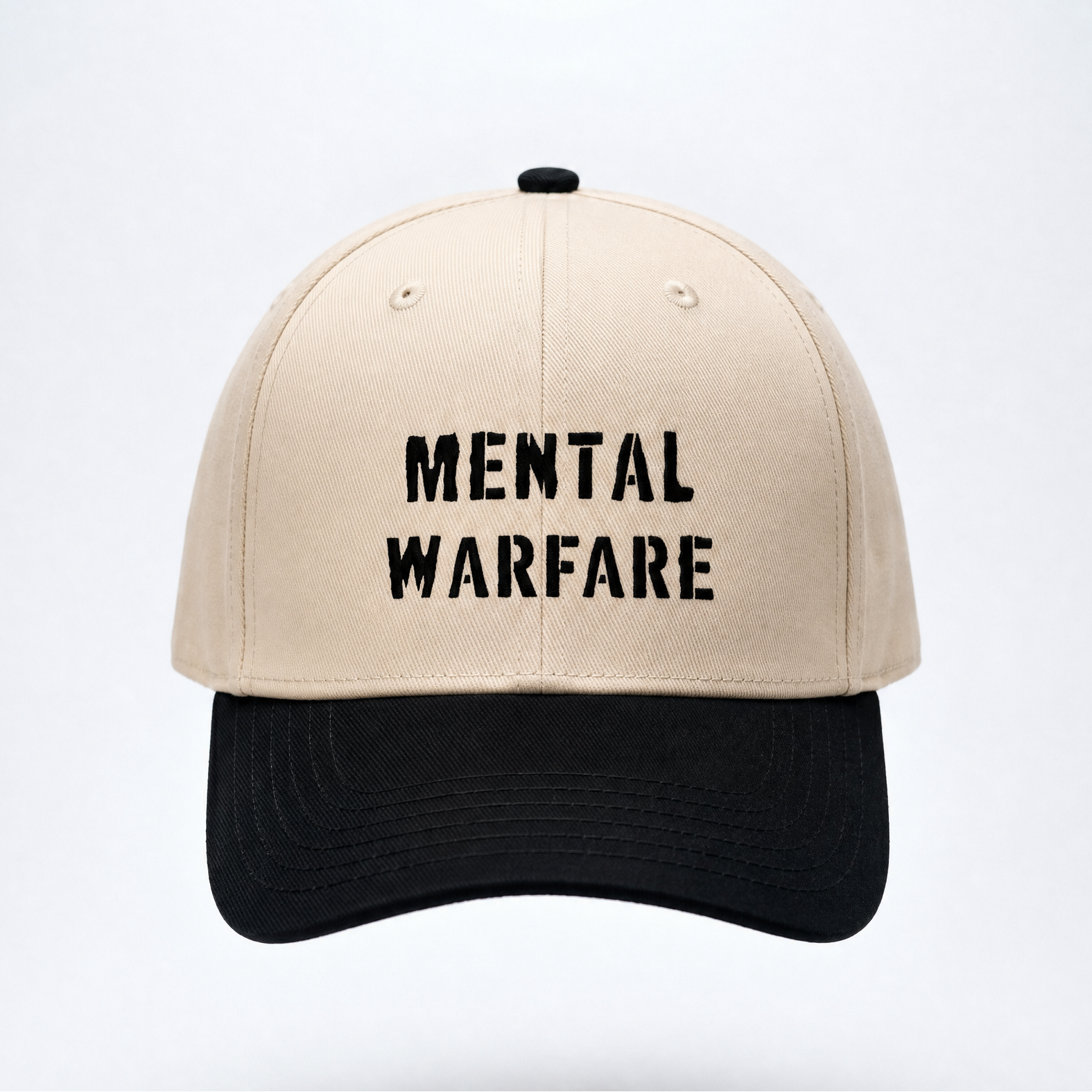 Beige and black cap with 'Mental Warfare' text on a white background