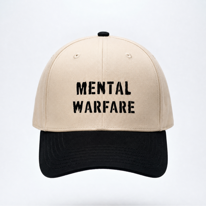 Beige and black cap with 'Mental Warfare' text on a white background