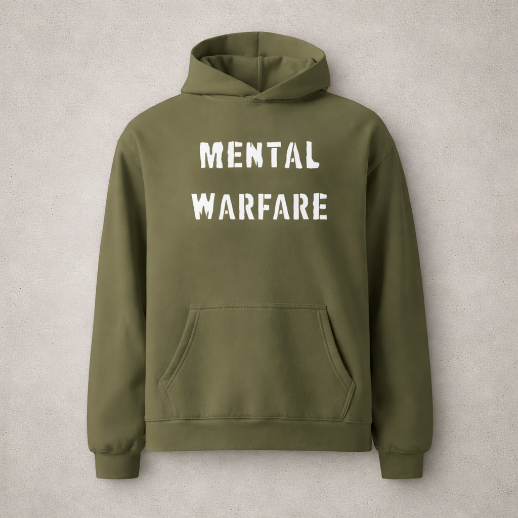 Green hoodie with 'Mental Warfare' text on a beige background