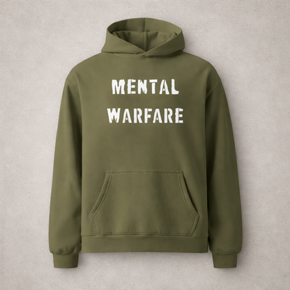 Green hoodie with 'Mental Warfare' text on a beige background
