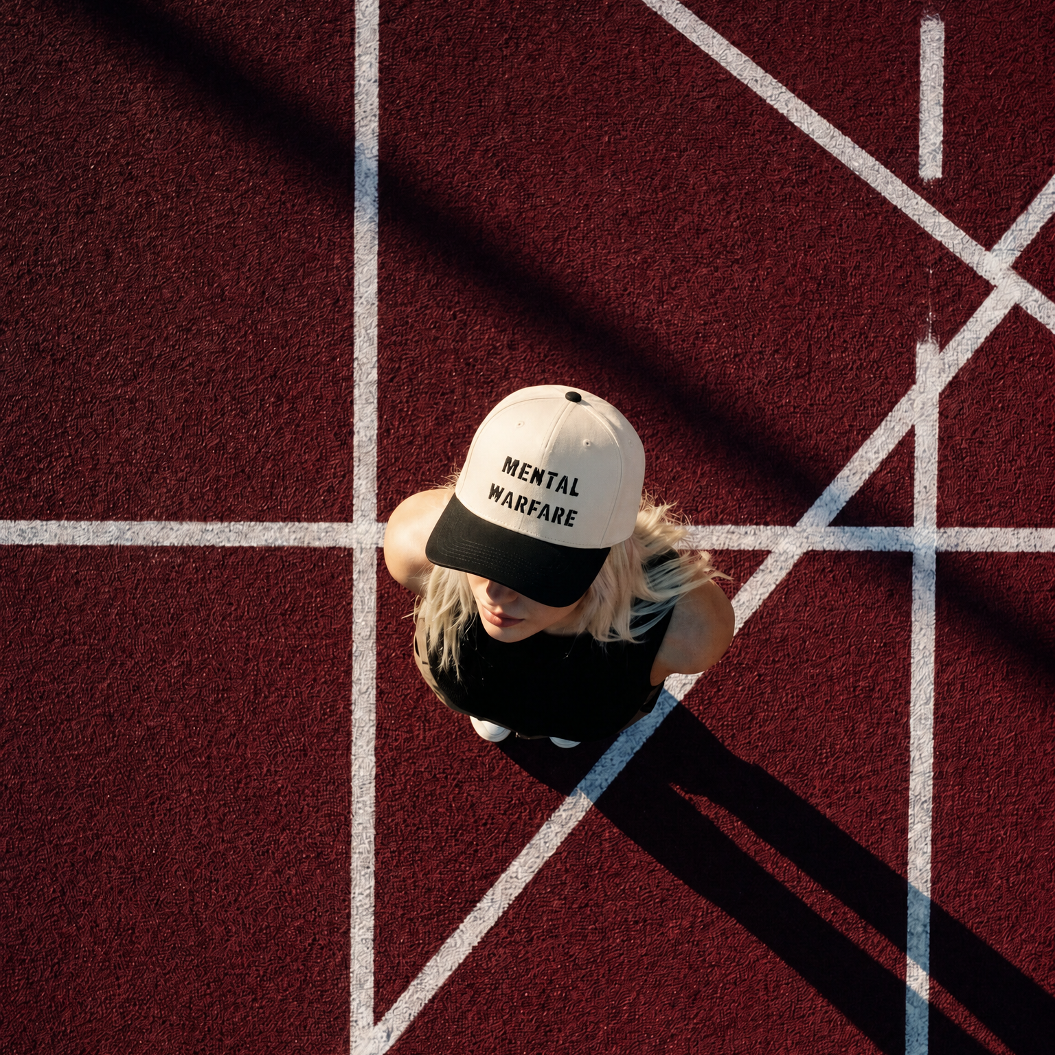 Person wearing a cap with 'Mental Warfare' text on a red patterned floor.