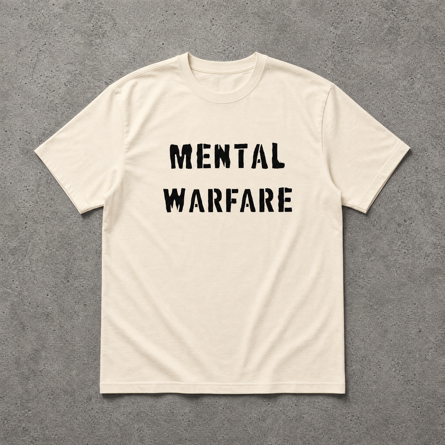 Beige t-shirt with 'Mental Warfare' text on a gray background