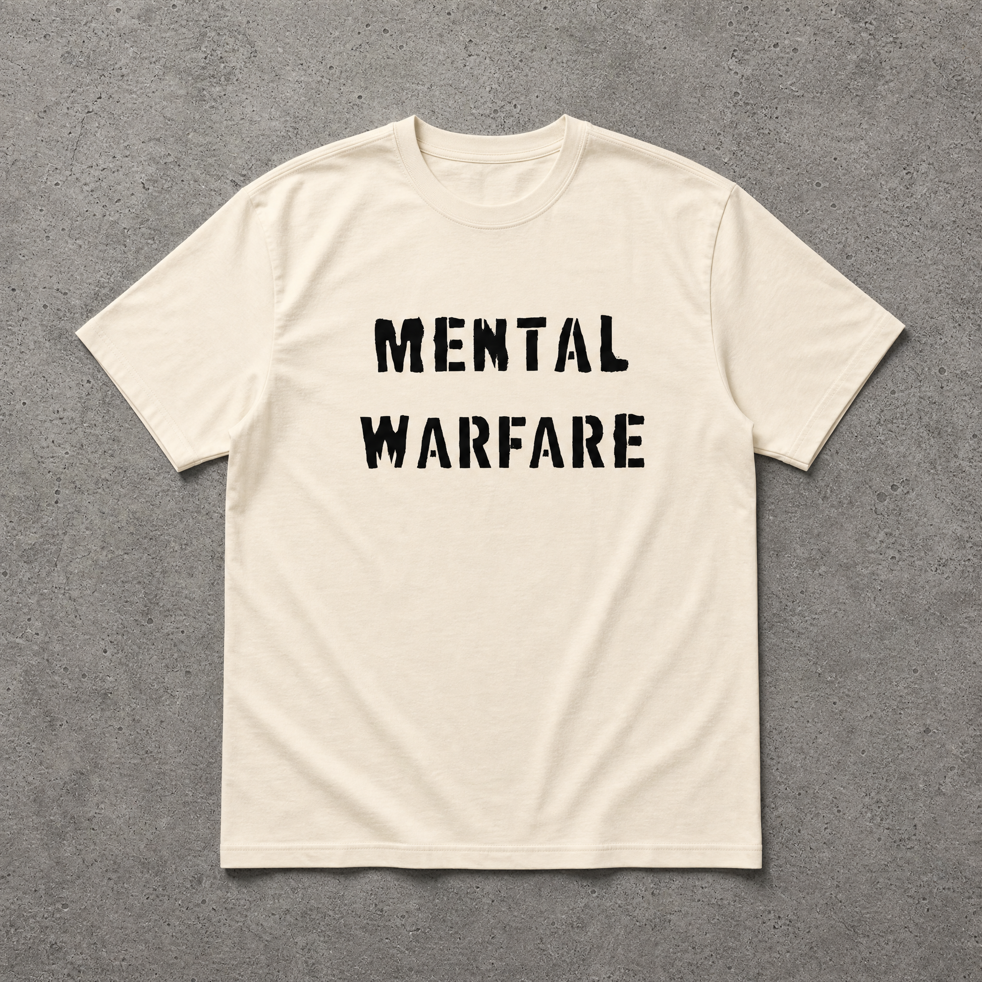 Beige t-shirt with 'Mental Warfare' text on a gray background