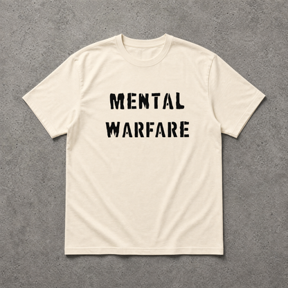 Beige t-shirt with 'Mental Warfare' text on a gray background