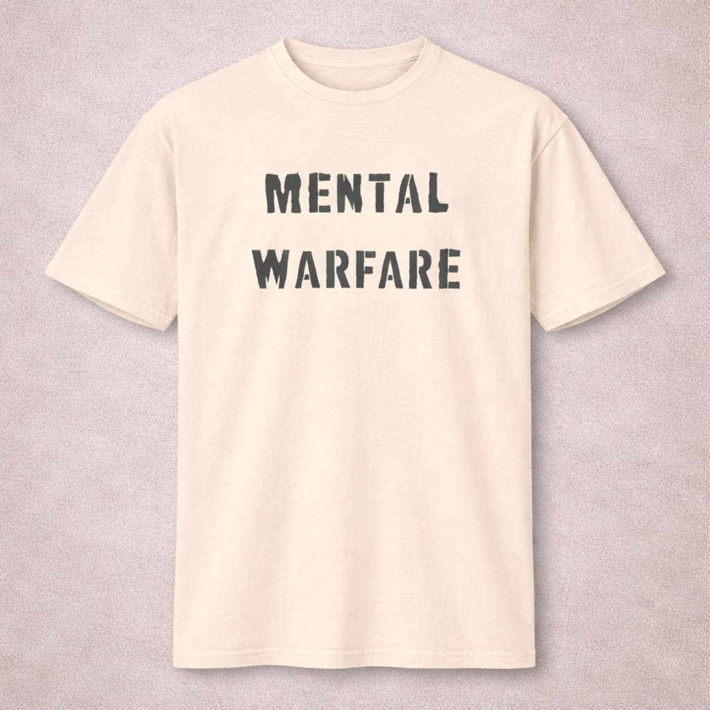 Beige t-shirt with 'MENTAL WARFARE' text on a light gray background