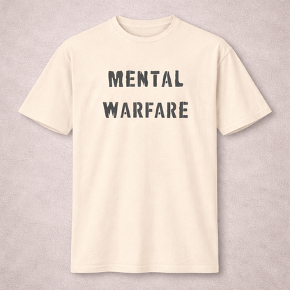 Beige t-shirt with 'MENTAL WARFARE' text on a light gray background