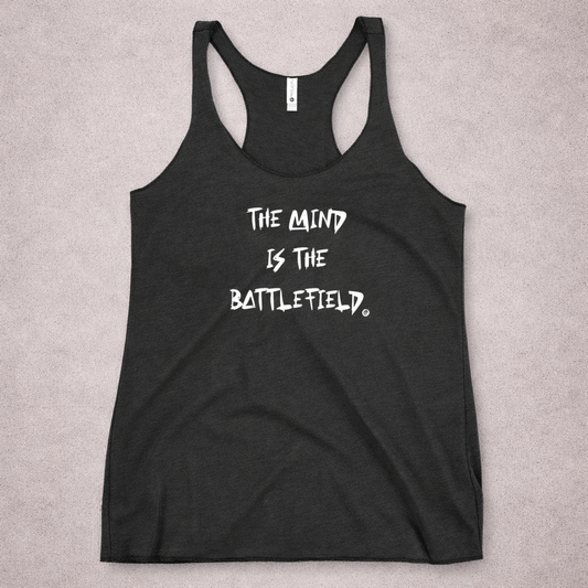 Black tank top with 'The Mind is the Battlefield' text on a gray background
