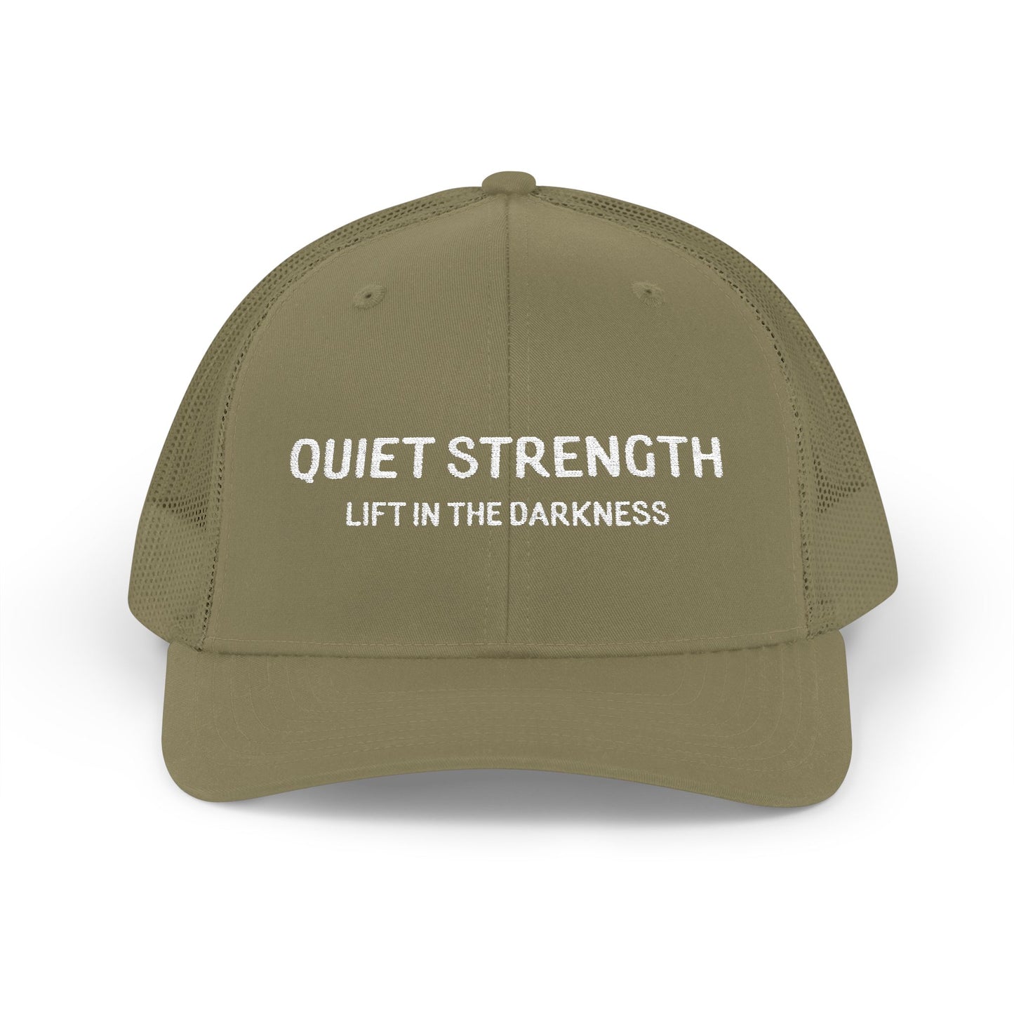 Khaki cap with 'Quiet Strength Lift in the Darkness' text on a white background