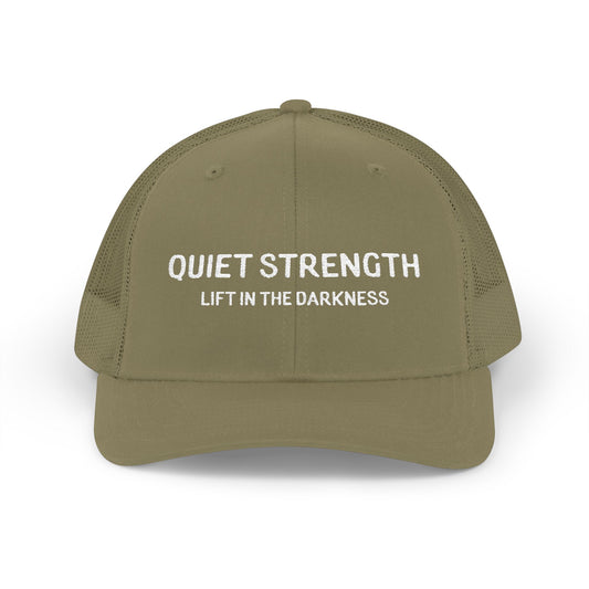 Khaki cap with 'Quiet Strength Lift in the Darkness' text on a white background