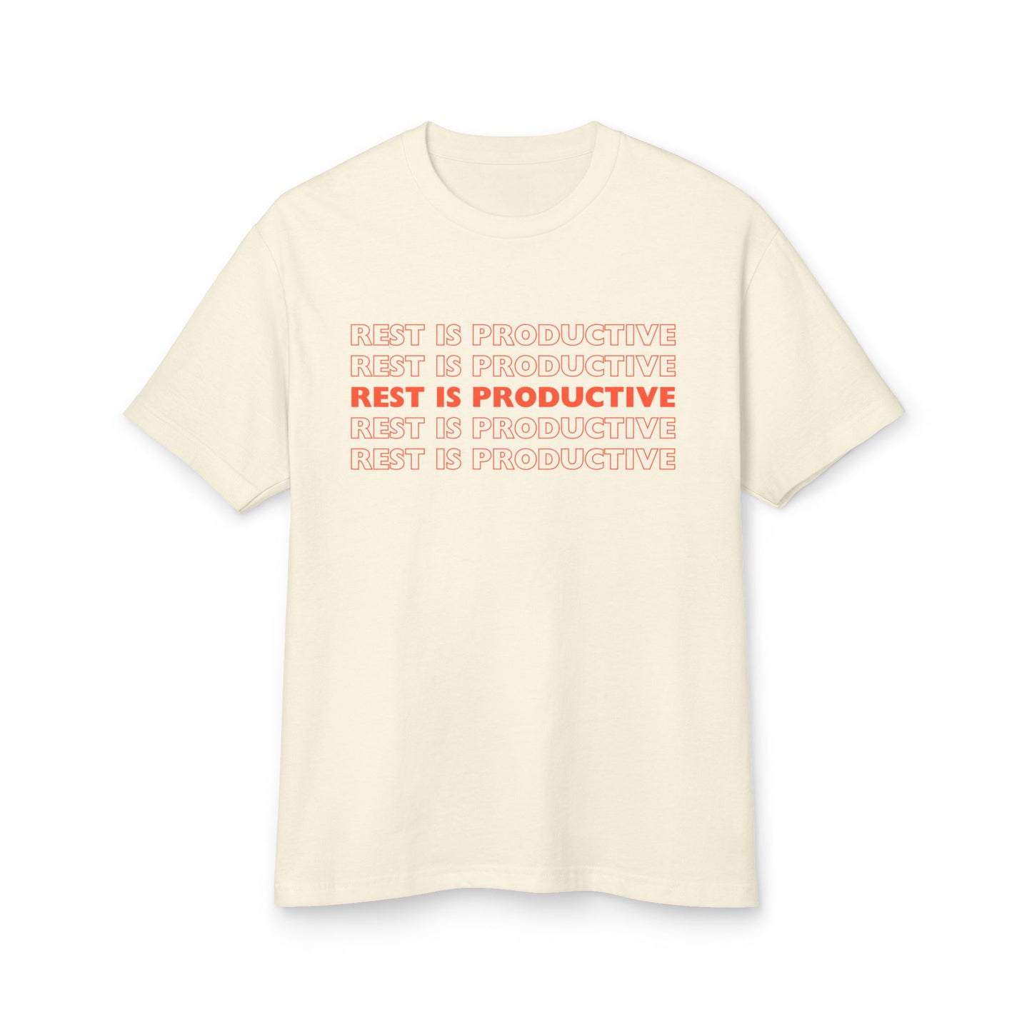 Beige t-shirt with 'REST IS PRODUCTIVE' text in red and pink on a white background