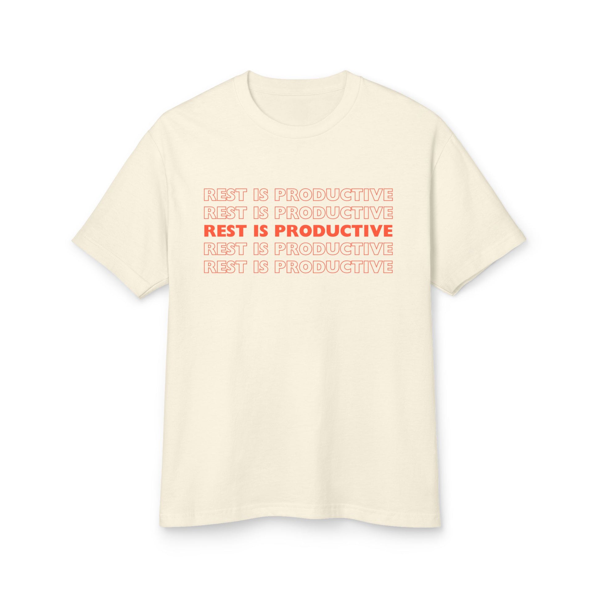 Beige t-shirt with 'REST IS PRODUCTIVE' text in red and pink on a white background