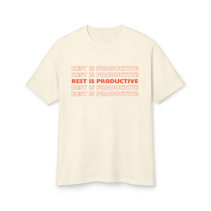 Beige t-shirt with 'REST IS PRODUCTIVE' text in red and pink on a white background