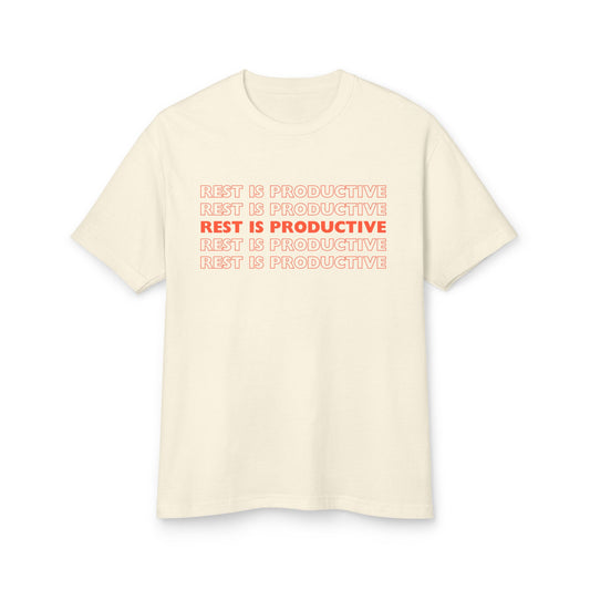 Beige t-shirt with 'REST IS PRODUCTIVE' text in red and pink on a white background