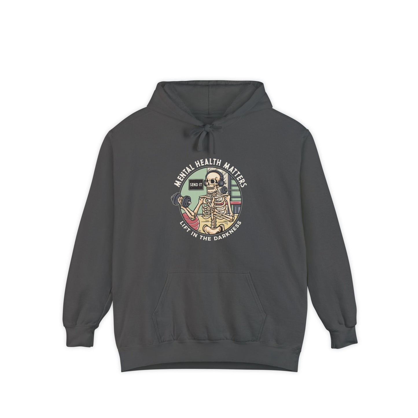 Gray hoodie with a skeleton graphic and text on a white background