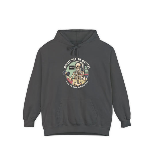 Gray hoodie with a skeleton graphic and text on a white background