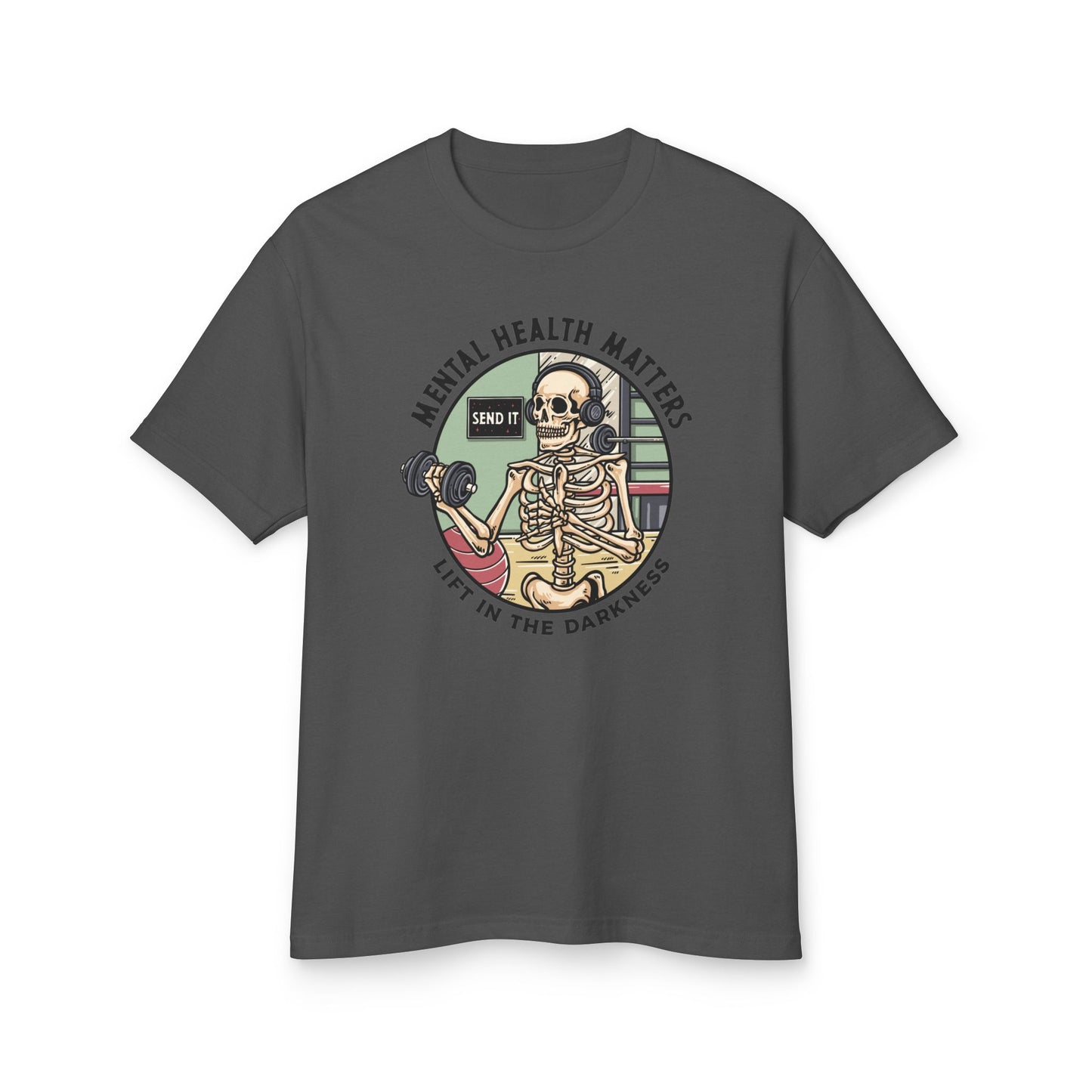 Gray t-shirt with a skeleton graphic and 'Mental Health Matters' text on a white background