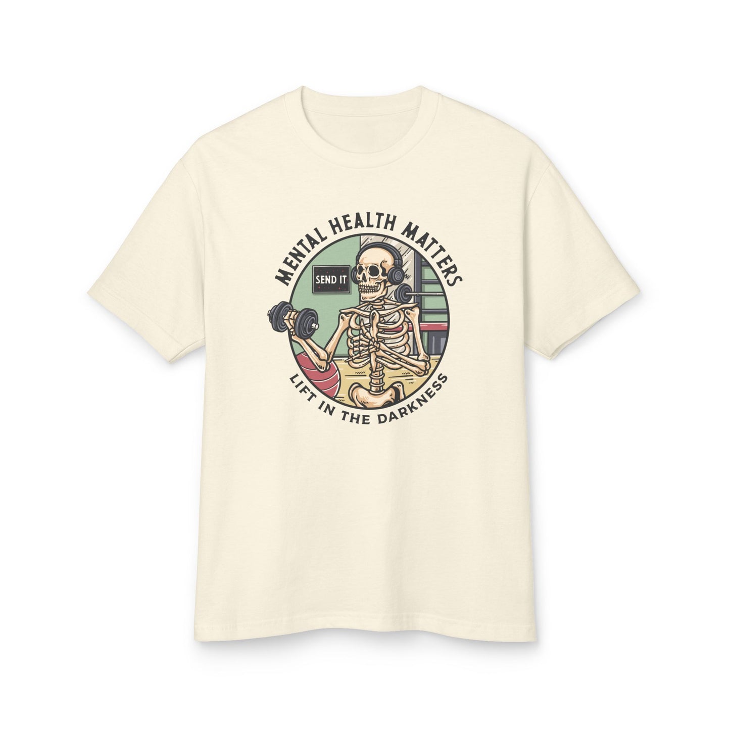 Beige t-shirt with a skeleton graphic and 'Mental Health Matters' text on a white background
