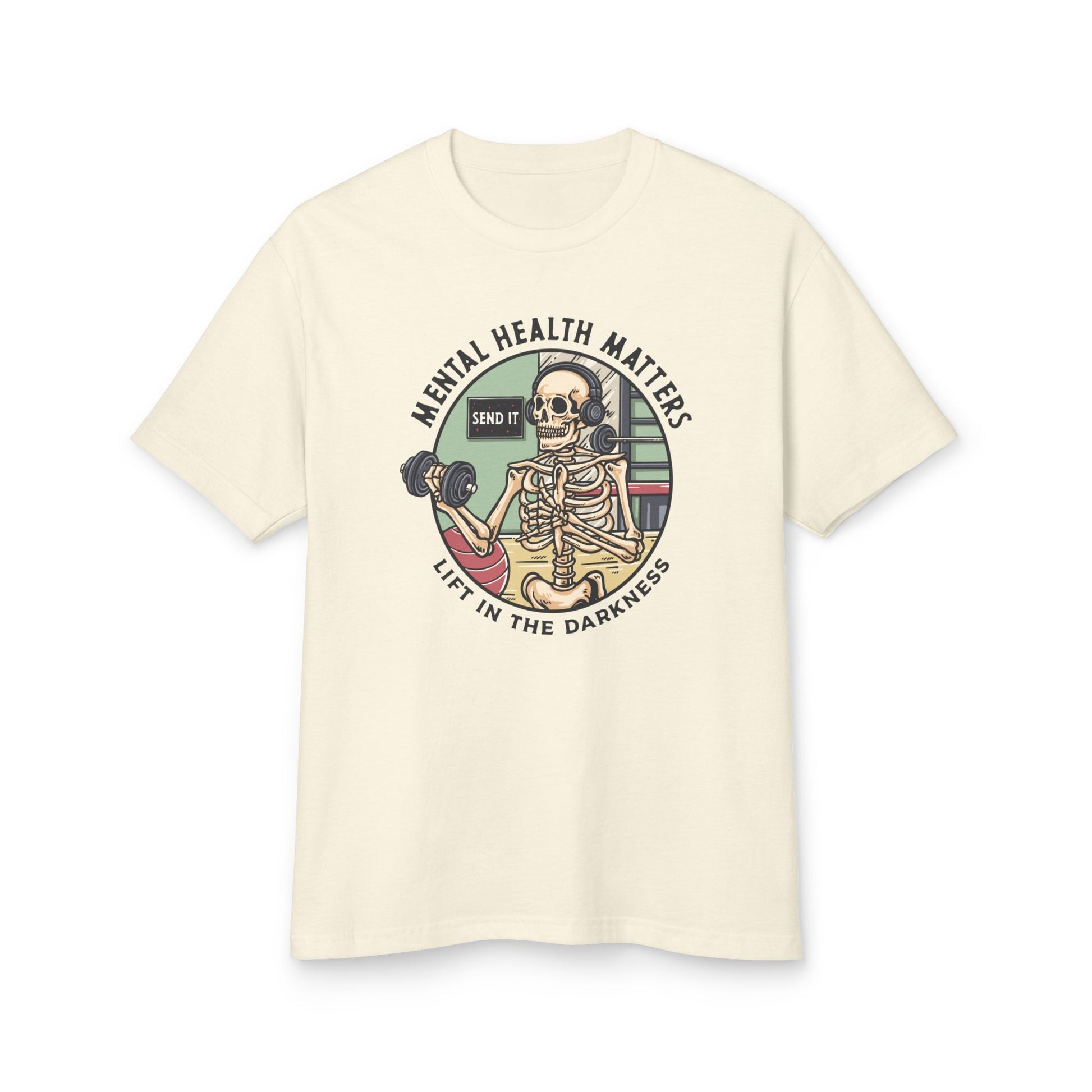 Beige t-shirt with a skeleton graphic and 'Mental Health Matters' text on a white background