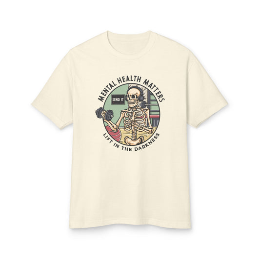 Beige t-shirt with a skeleton graphic and 'Mental Health Matters' text on a white background