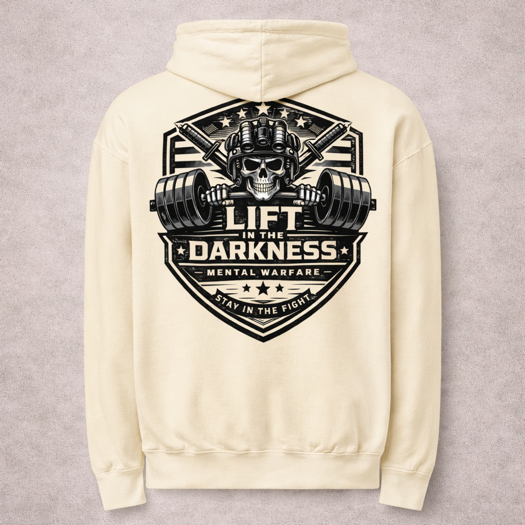 Beige hoodie with a graphic design on the back featuring a skull, barbell, and text.