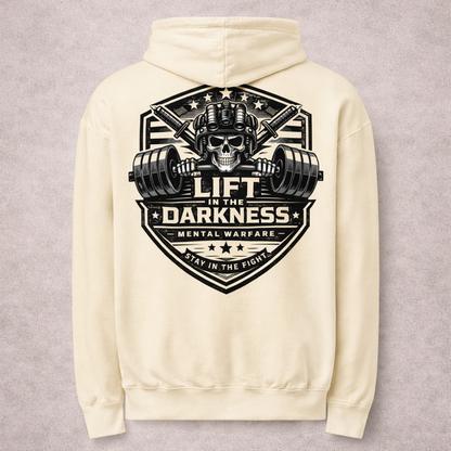 Beige hoodie with a graphic design on the back featuring a skull, barbell, and text.