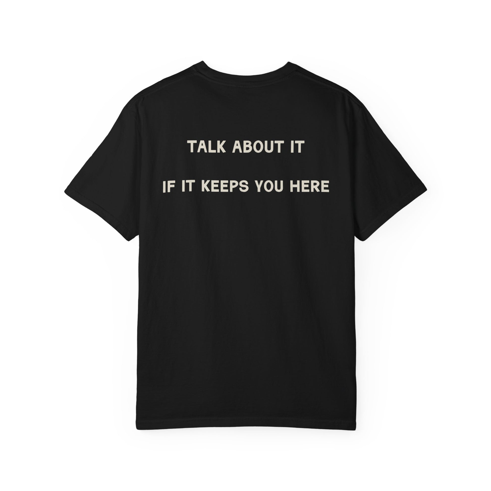 Black t-shirt with white text on a white background