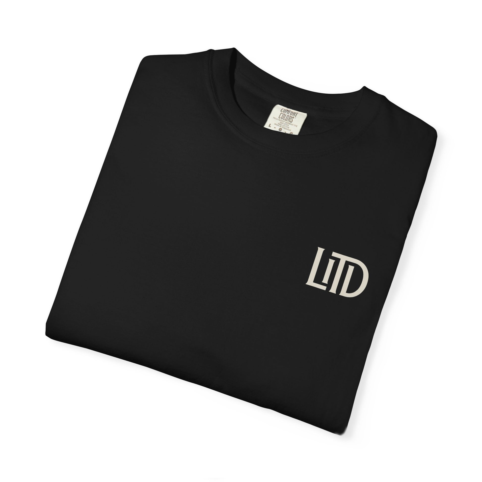 Folded black t-shirt with 'LTD' logo on a white background
