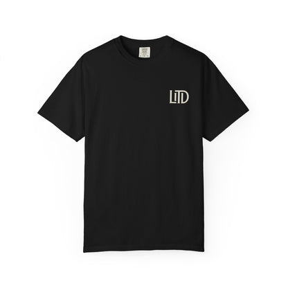 Black t-shirt with 'LTD' logo on a white background