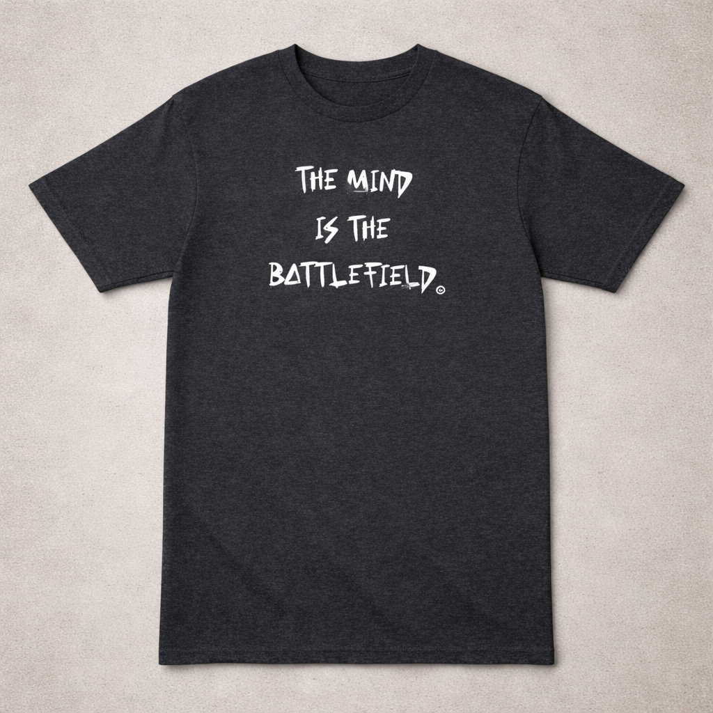 Black t-shirt with white text 'The mind is the battlefield' on a beige background